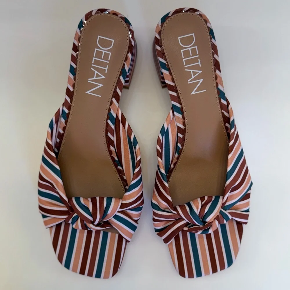 NWOT Deltan Striped Knot Slide Sandals Block Heel Summer Resort Chic Size 8 - Picture 4 of 14